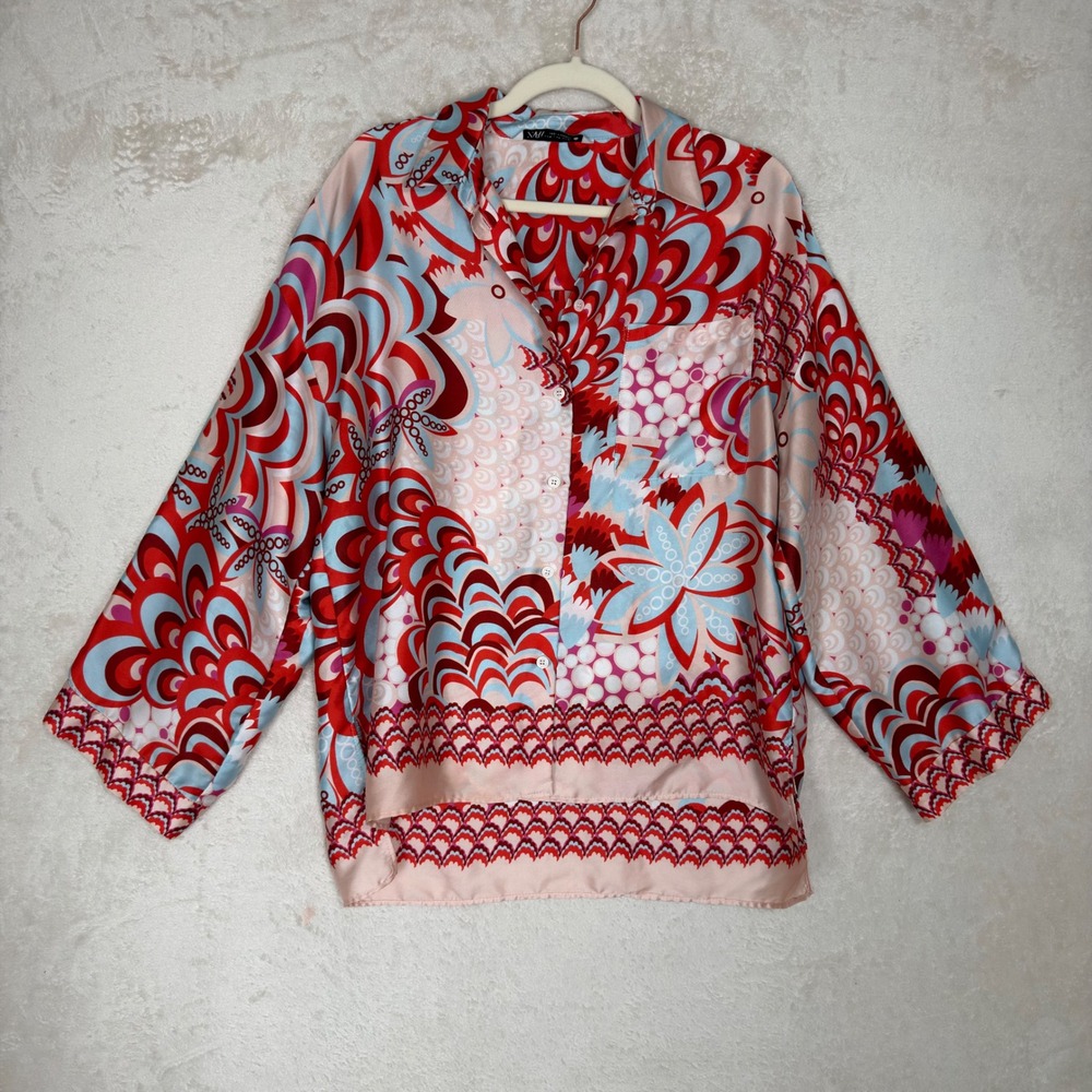Zara Abstract Geometric Psychedelic Floral Print Satin Button Down Blouse Red M